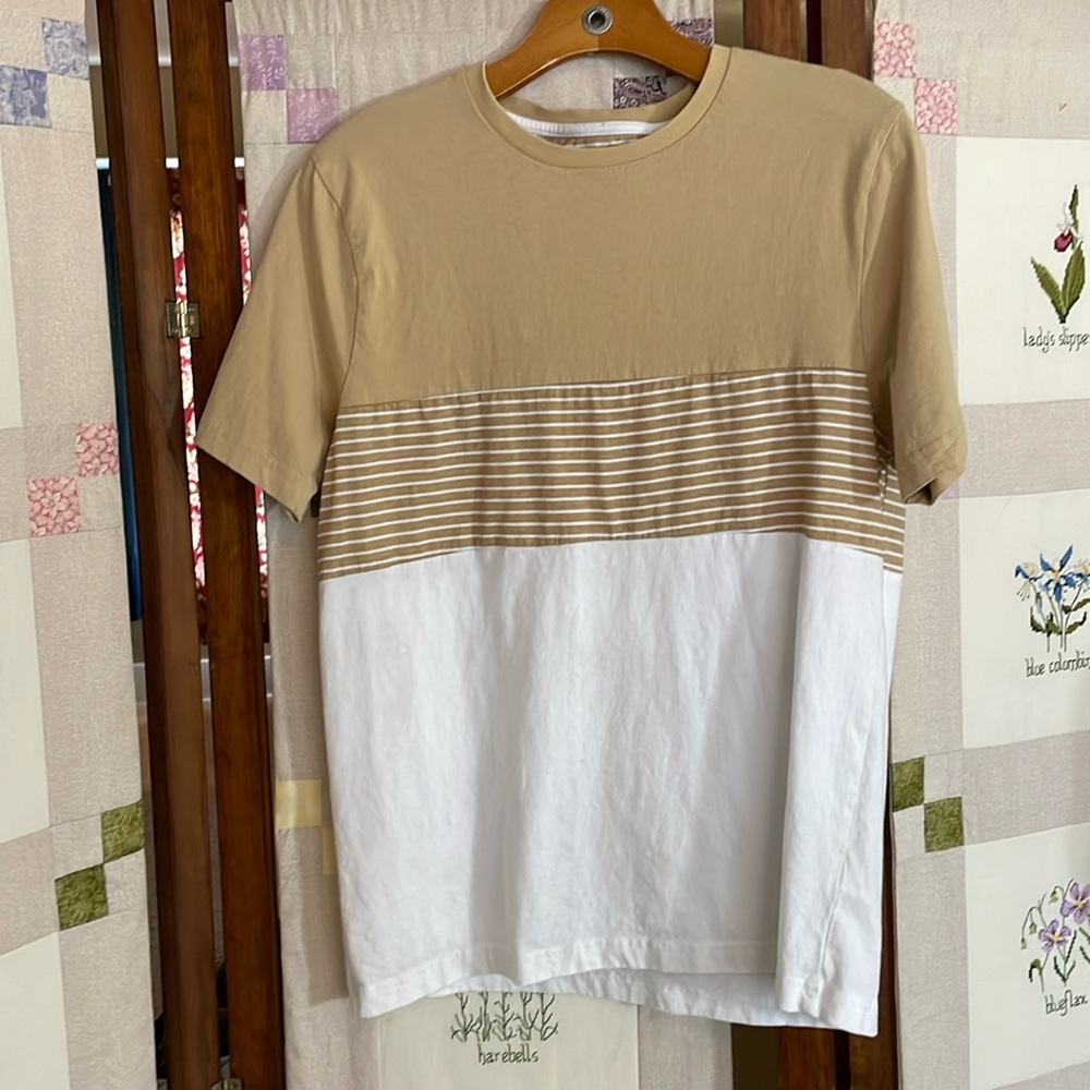 Cactus Man Ricky Singh tan/white multi striped short sleeve tee shirt